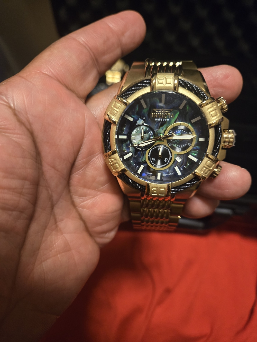 Invicta Gold Tone Chronograph Watch with Abalone Dial